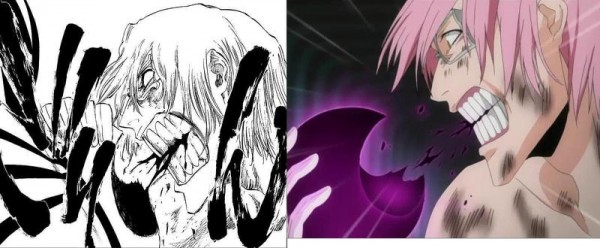 The manga and anime portrayal of Szayel eating Lumina to heal his wounds. 