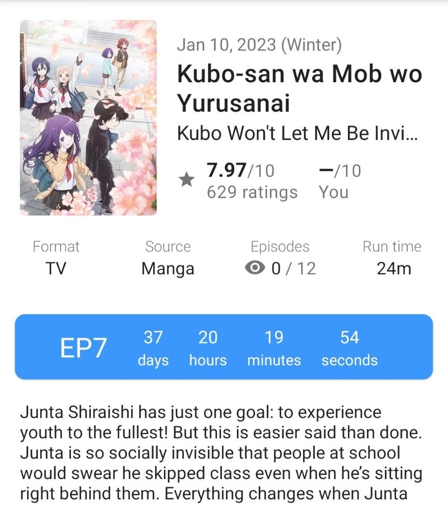 Kubo-san wa Mob wo Yurusanai Episode 7 Release Date 