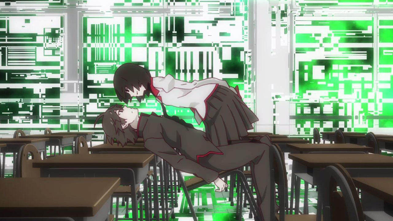 Owarimonogatari Ougi leans over Arararagi