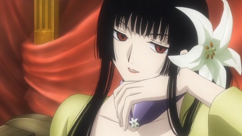 Black-haired female anime character sitting beside sword