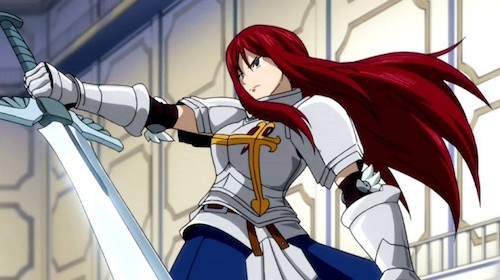 Fairy tail anime blue long haired erza scarlet serious woman wearing  samurai armor