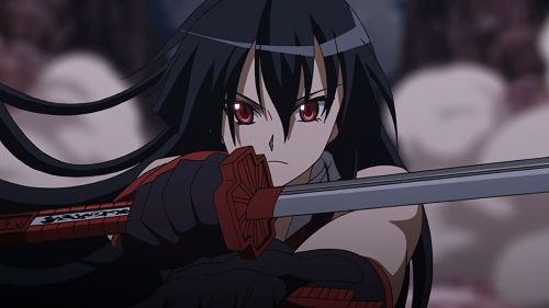 Black-haired female anime character sitting beside sword