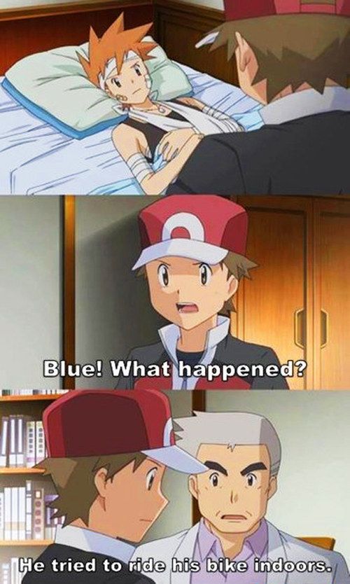 pokemon jokes, bicycle, red, blue, professor oak, Yukinari Ookido, meme