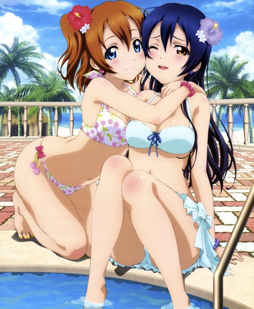 Check out these anime bikini babes from Love Live! and some anime swimsuit hunks! Honoka Kosaka Sonoda Umi