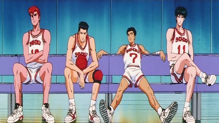 Slam Dunk characters sitting on bench sports anime