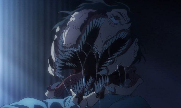 A parasite transforms Mr. Fujii in episode one of Kiseijuu: Sei no Kakuritsu aka Parasyte