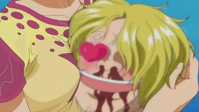 Sanji, bloody face, being hugged