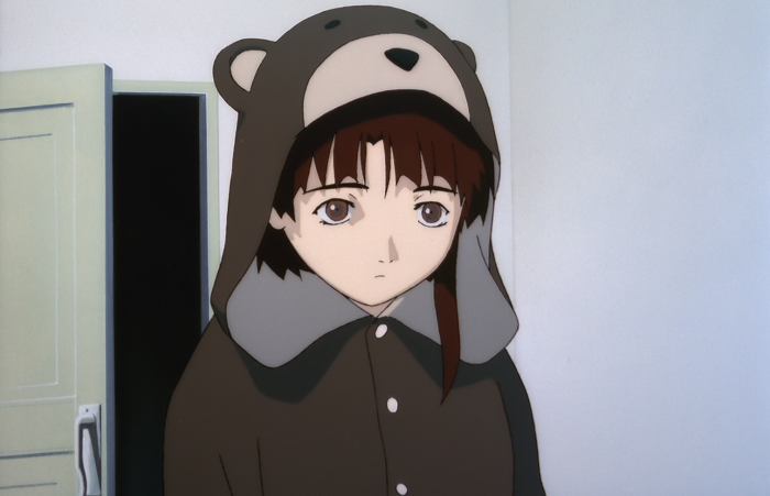 Depressed Iwakura Lain in her comforting bear suit to deal with the pressures of daily life