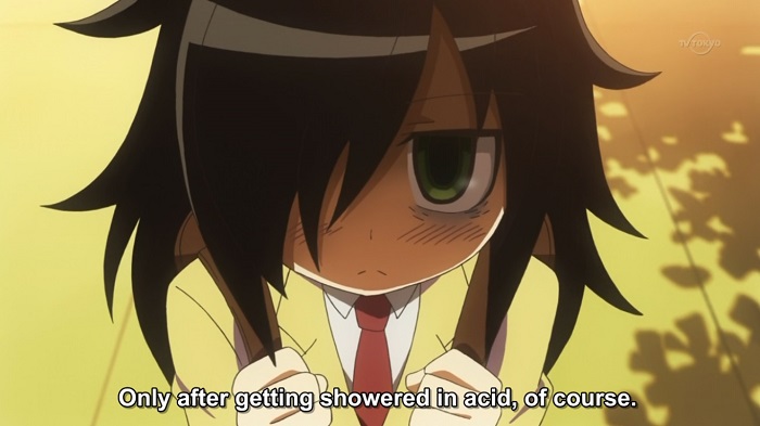 Emo anime girl Tomoko Kuroki thinking morbid thoughts about the likelihood of death by acid