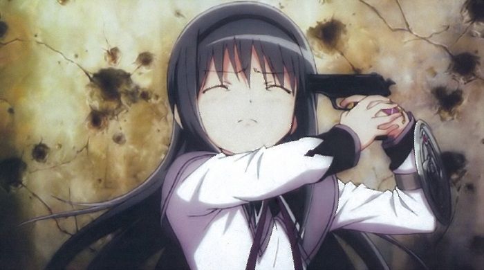 Homura Akemi pointing a gun to her head in an attempt to commit suicide