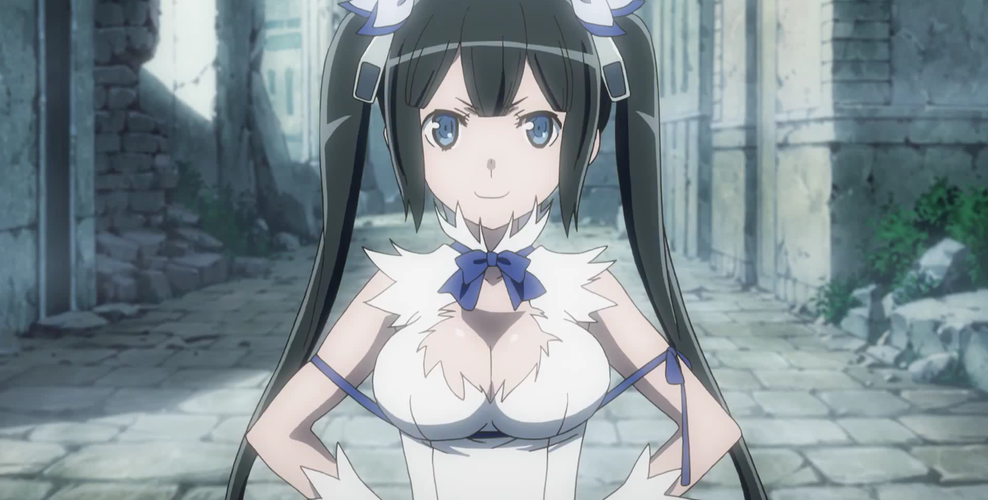 Hestia with her hands on her hips, smiling cheeky