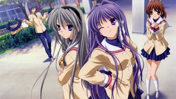 Best Dating Simulation Games, Kyou Fujibayashi winking, Tomoyo Sakagami cross-armed, Nagisa Furukawa standing, Clannad