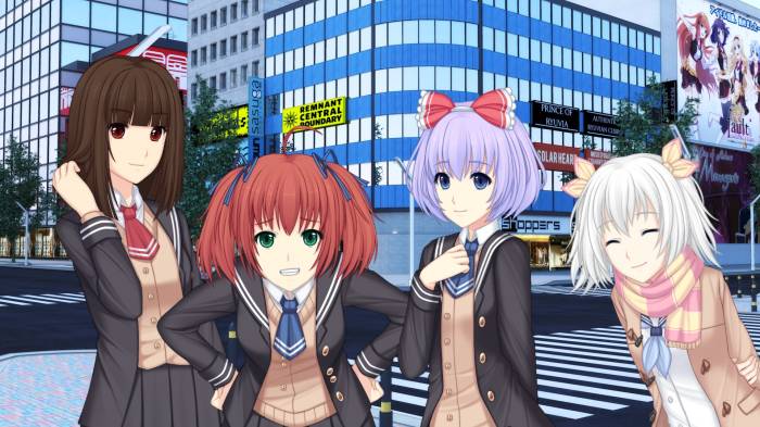 Ava Crescentia caressing her hair, Asaka Oakrun smirking, Chigara Ashada smiling, Sunrider Academy