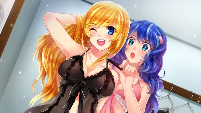 Tiffany Maye indossa sexy lingerie nera, Nikki Ann-Marie all'interno di change room, HuniePop