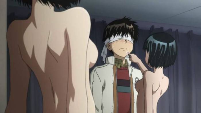 Akira Tsubaki blindfolded, Mikoto Urabe and Momoka Imai naked, Nazo no Kanojo X