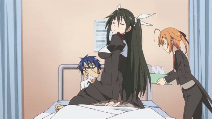 Kanade Suzutsuki sitting on top of Kinjirou Sakamachi, Subaru Konoe carrying tissue box, Mayo Chiki!