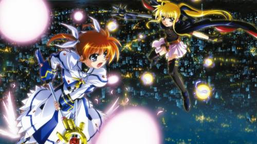 Nanoha Takamachi and Fate Testarossa flying in the night sky, Mahou Shoujo Lyrical Nanoha: The Movie 1st