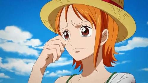 Nami wiping tear and wearing straw hat, 