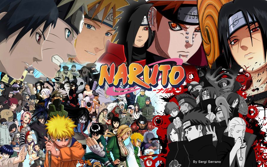 Group shot of all of the characters in Naruto and Naruto Shippuuden posing