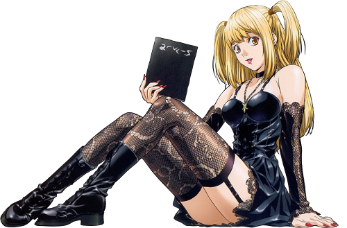 Misa Amane in goth outfit posing by sitting with her legs out holding her Death Note