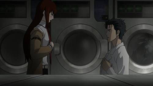 Kurisu Makise and Rintarou Okabe undressing inside laundromat, Steins;Gate Movie: Fuka Ryouiki no Déjà vu