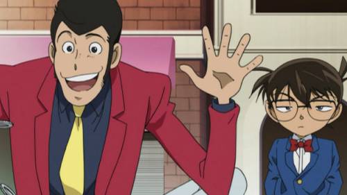 Arsene Lupin III with hands up, Conan Edogawa looking bemused, Lupin III vs. Detective Conan: The Movie