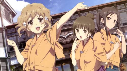 Ohana Matsumae smiling and waving, Minko Tsurugi looking ahead, Hanasaku Iroha: Home Sweet Home