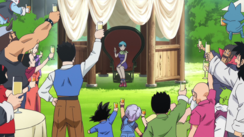 Scenes for a Happy Birthday Anime Style, Bulma sitting on chair and holding glass, Gohan Son holding glass, Yamcha holding glass, Dragon Ball Z Movie 14: Kami to Kami