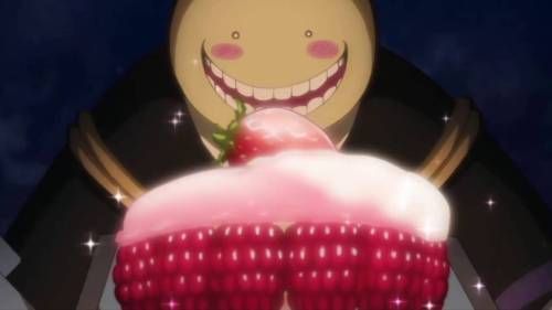 Koro-sensei smiling behind strawberry birthday cake, Assassination Classroom Second Season