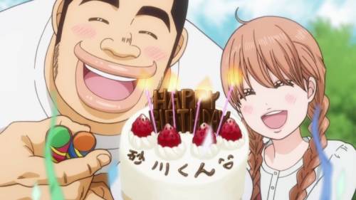 Takeo Gouda and Rinko Yamato holding Makoto Sunkawa's birthday cake, Ore Monogatari!!