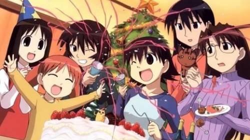 Chiyo Mihama celebrating her birthday, Ayumu Kasuga wearing party hat, Koyomi Mizuhara eating dessert, Azumanga Daioh