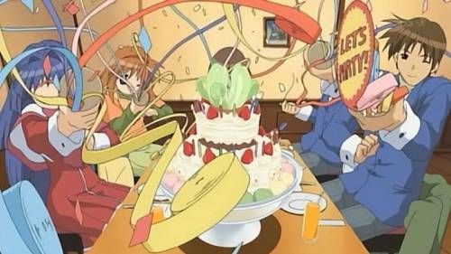Shiori Misaka hidden behind birthday cake, Yuuichi Aizawa with party cracker, Nayuki Minase letting off party popper, Kanon