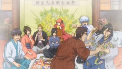 Kyuubei Yagyuu sitting cross-armed, Kagura sitting on chair, Gintoki Sakata raising arm, Gintama