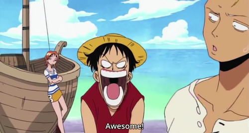 Luffy yells sugoi at Usopp in awe with Zoro looking confused and Nami embarrassed for Luffy