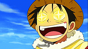 Luffy looking out in awe as he exclaims sugoi with stars pulsating in his eyes