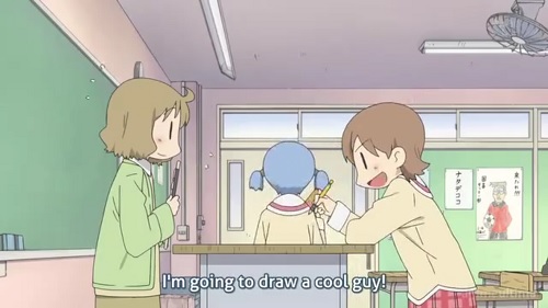 Yuuko says she's going to draw a cool guy using the word kakkoii, not sugoi