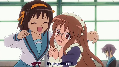 Haruhi Suzumiya expresses how great Mikuru will look in her maid's dress by exclaiming Subarashii