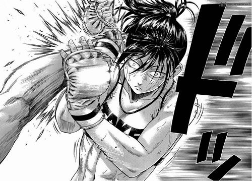 Ishidou Natsuo blocking a kick by raising her arms in this martial arts manga