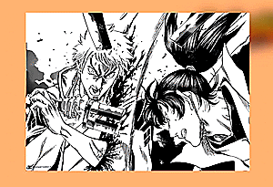 Two manga shots of various characters fighting in the martial arts manga Gamaran