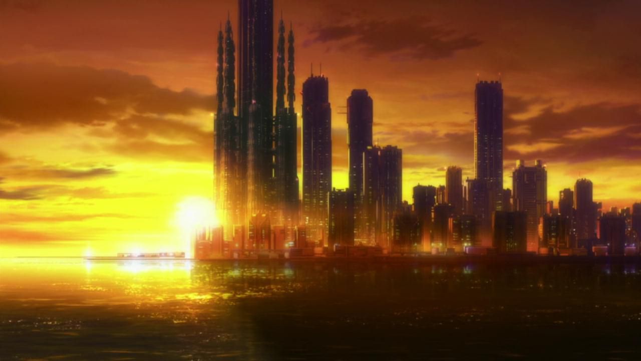 Psycho-Pass sunset on skyscrapers