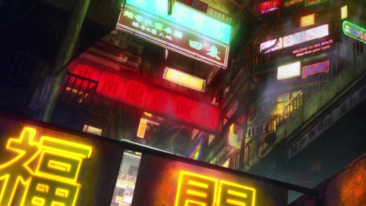 Psycho-Pass neon city signs