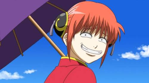 Kagura holding umbrella while grinning, Gintama