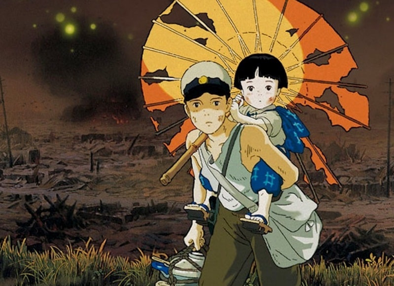 Grave of the Fireflies Setsuko on Seita's back with umbrella