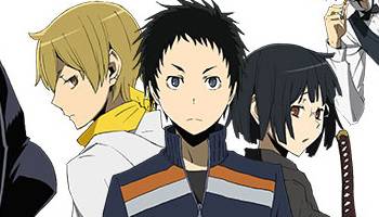 Masaomi Kida glancing sideways, Mikado Ryuugamine with stern look, Anri Sonohara holding katana, Durarara!!x2 Ketsu