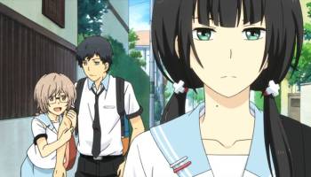 Chizuru Hishiro stern and looking ahead, An Onoya holding Arata Kaizaki's arm, ReLife