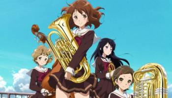 Kumiko Oumae holding baritone, Hazuki Katou next to tuba, Reina Kousaka holding trumpet, Hibike! Euphonium 2