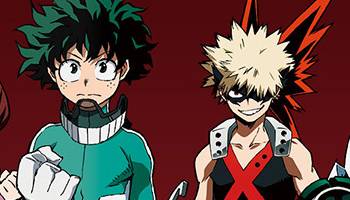 Izuku Midoriya with clenched fist, Katsuki Bakugou with large grin, Boku no Hero Academia