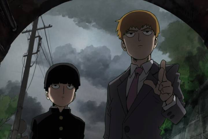 Shigeo Kageyama looking ahead, Arataka Reigen pointing with two fingers, Mob Psycho 100