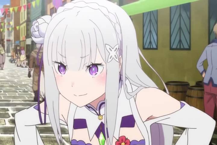 Emilia looking mischievously in town square, Re:Zero kara Hajimeru Isekai Seikatsu