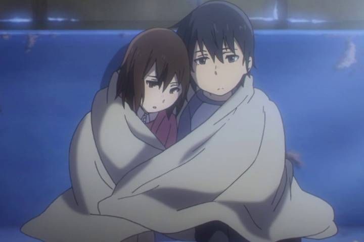 Kayo Hinazuki and Satoru Fujinuma covered with a blanket, Erased